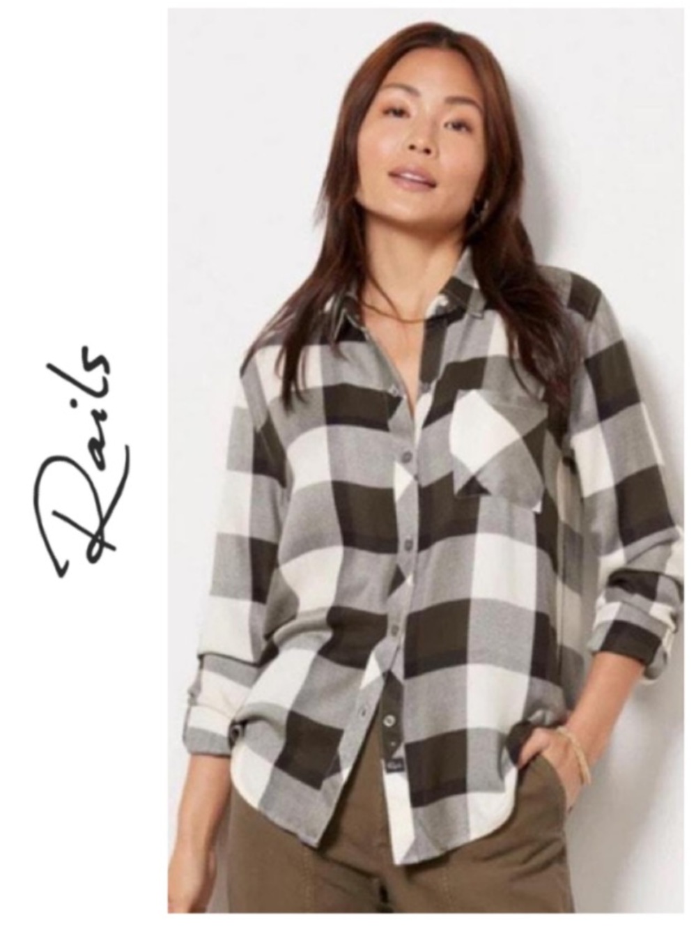 Rails Women's Hunter Plaid Shirt in black/white/green buffalo check